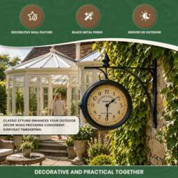 Rackhams Double Sided Garden Clock in Black Metal with Mounting Bracket - thumbnail 4
