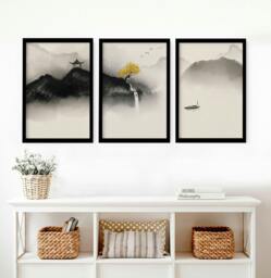 Rackhams Japanese wall hanging - set of 3 wall art prints - A3 11.69 x 16.54 in / 29.7 x 42 cm - Satin Photo paper 280 gsm - Oak Frame - thumbnail 2