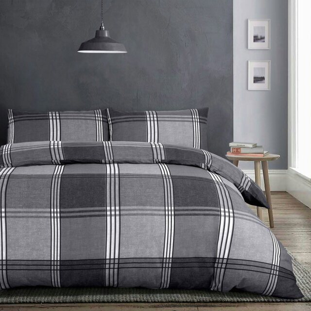 Rackhams Hamilton Check Printed Cotton Blend Duvet Cover and Pillowcase Set - Grey - Double - image 1