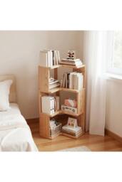 Rackhams 4-Tier L-shaped Corner Bookshelf Wooden Storage Rack Bookcase Holder Organizer - Natural - S