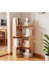 Rackhams 4-Tier L-shaped Corner Bookshelf Wooden Storage Rack Bookcase Holder Organizer - Natural - S - thumbnail 5