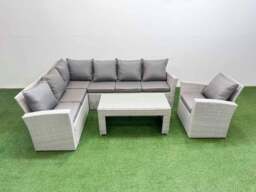 Rackhams Rattan Garden Furniture Set Outdoor 7 Seater Corner Sofa Sets with Oblong Coffee Table Chair Light Grey Mixed - thumbnail 2
