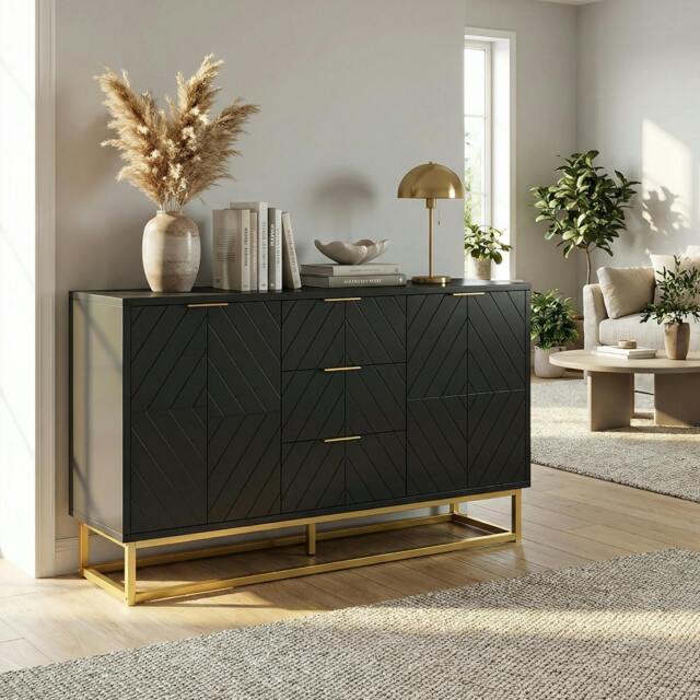 Rackhams Sideboard Storage Cabinet with Adjustable Shelves, Black - Matte black with gold accents - Sideboard - Black
