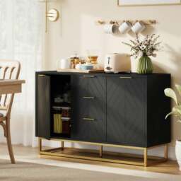 Rackhams Sideboard Storage Cabinet with Adjustable Shelves, Black - Matte black with gold accents - Sideboard - Black - thumbnail 2