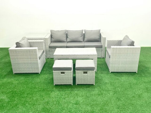 Rackhams Rattan Garden Furniture Set 7 Seater Outdoor Garden Sofa Oblong Coffee Table Set with 2 Chairs 2 Stools Side Table Light Grey Mixed - image 1