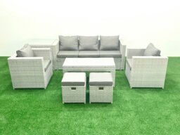 Rackhams Rattan Garden Furniture Set 7 Seater Outdoor Garden Sofa Oblong Coffee Table Set with 2 Chairs 2 Stools Side Table Light Grey Mixed - thumbnail 2