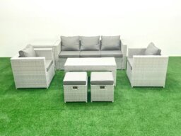 Rackhams Rattan Garden Furniture Set 7 Seater Outdoor Garden Sofa Oblong Coffee Table Set with 2 Chairs 2 Stools Side Table Light Grey Mixed - thumbnail 1