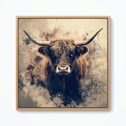 "Rackhams Moody Splashart Highland Cow Framed Canvas - Pine - 30"" x 30""" - thumbnail 1