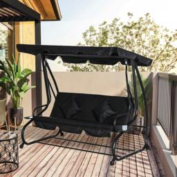 Rackhams 2-in-1 Garden Swing Chair for 3 Person w/ Adjustable Canopy Black - Black - 1 - Swing Bench - thumbnail 1