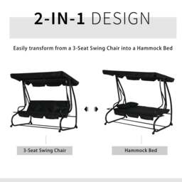 Rackhams 2-in-1 Garden Swing Chair for 3 Person w/ Adjustable Canopy Black - Black - 1 - Swing Bench - thumbnail 4