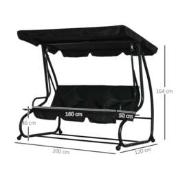 Rackhams 2-in-1 Garden Swing Chair for 3 Person w/ Adjustable Canopy Black - Black - 1 - Swing Bench - thumbnail 3