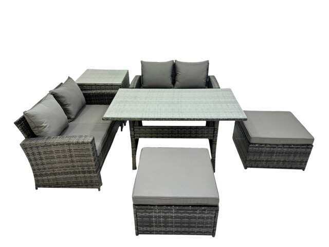 Rackhams 6 Seater Wicker PE Rattan Furniture Outdoor Dining Table Double Seat Sofa Side Table 2 Big Stools Set Dark Grey Mixed - image 1