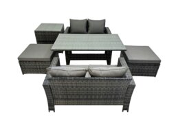 Rackhams 6 Seater Wicker PE Rattan Furniture Outdoor Dining Table Double Seat Sofa Side Table 2 Big Stools Set Dark Grey Mixed - thumbnail 2