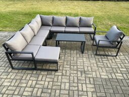 Rackhams Aluminium Patio Outdoor Garden Furniture Lounge Corner Sofa Set with Oblong Coffee Table Big Footstool Chair Dark Grey - thumbnail 1