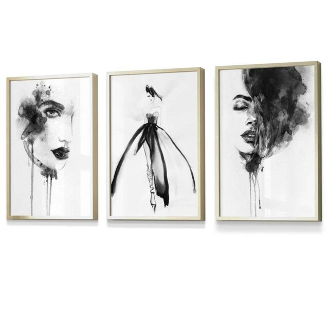 Rackhams Set of 3 Framed Fashion Wall Art Prints from Watercolour Illustrations - 50x70cm - Gold - image 1