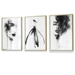 Rackhams Set of 3 Framed Fashion Wall Art Prints from Watercolour Illustrations - 50x70cm - Gold - thumbnail 1