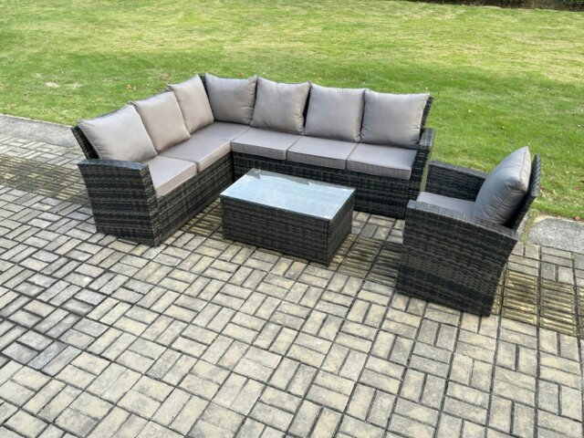 Rackhams 7 Seater Rattan Garden Furniture Corner Sofa Set Outdoor Patio Sofa Chair Table Set with Rectangular Coffee Table Dark Grey Mixed - image 1