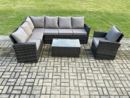 Rackhams 7 Seater Rattan Garden Furniture Corner Sofa Set Outdoor Patio Sofa Chair Table Set with Rectangular Coffee Table Dark Grey Mixed - thumbnail 2