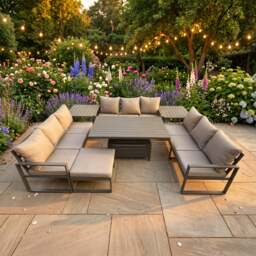 Rackhams 10 Seater Aluminium Outdoor Garden Furniture Set with Adjustable Rising Dining Table, 3 Sofas, 2 Side Tables & Footstool - Grey - thumbnail 1