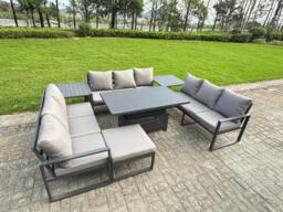 Rackhams 10 Seater Aluminium Outdoor Garden Furniture Set with Adjustable Rising Dining Table, 3 Sofas, 2 Side Tables & Footstool - Grey - thumbnail 2