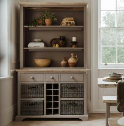 Rackhams Florence Display Cabinet With Shelves, Wine Rack and Storage Baskets - Dove Grey - thumbnail 1