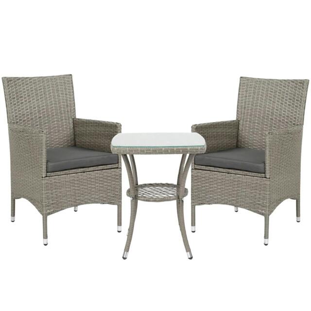 Rackhams 3 Pieces Rattan Bistro Set, Wicker Garden Furniture Set with 2-Tier Coffee Table and Chairs, Washable Cushions, for Outdoor Patio Balcony, Grey - Light Grey - image 1