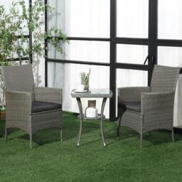 Rackhams 3 Pieces Rattan Bistro Set, Wicker Garden Furniture Set with 2-Tier Coffee Table and Chairs, Washable Cushions, for Outdoor Patio Balcony, Grey - Light Grey - thumbnail 2