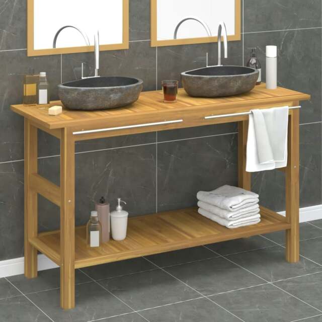 Rackhams Bathroom Vanity Cabinet with River Stone Sinks Solid Wood Teak