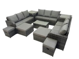 Rackhams Outdoor 3 Seater Sofa Coffee Table Set Garden Rattan Furniture Set 13 Seater with 2 Side Tables 4 Stools Dark Grey - thumbnail 3