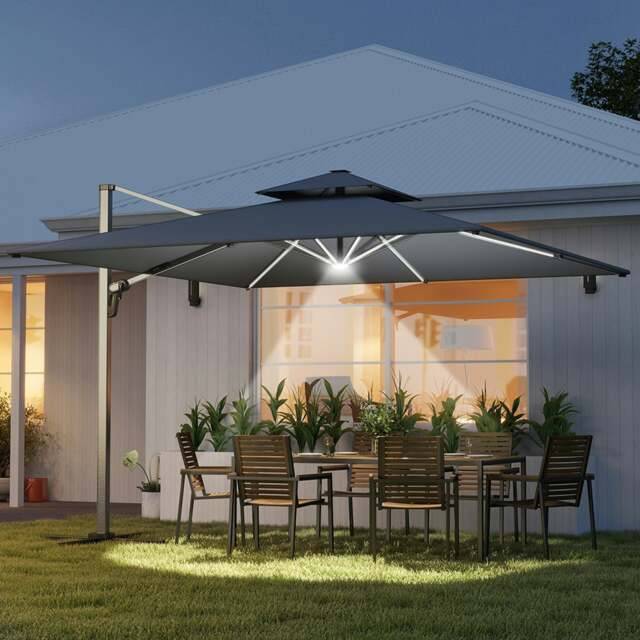 Rackhams Garden Cantilever Parasol, Patio Umbrella w/ Solar LED Lights, Grey - Grey - 228H x 370L x 300W cm - image 1