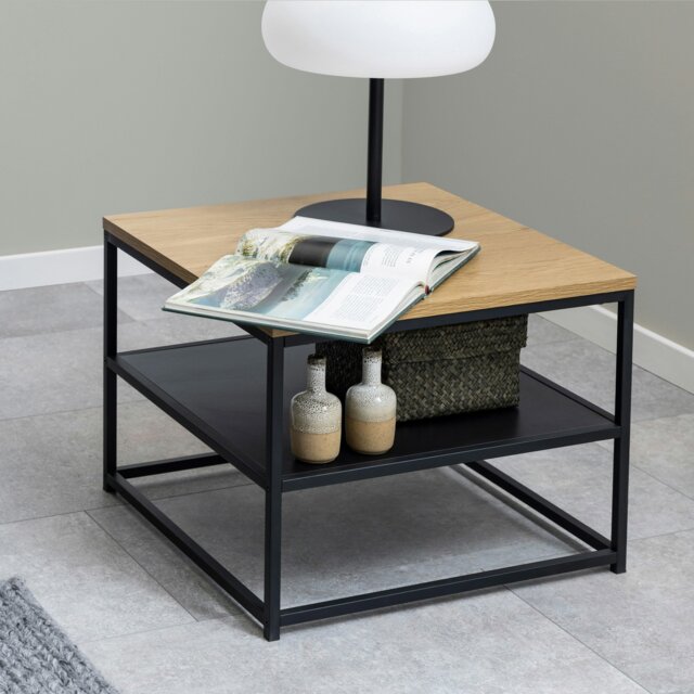 Rackhams Gila Square Coffee Table with Open Shelf in Oak & Black - 1 - Black and Natural - Brown - image 1