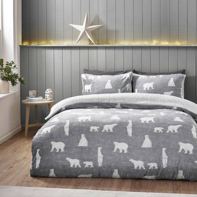 Rackhams Cosy Polar Bear Soft Sherpa Duvet Cover Set Grey - King - Grey - image 1
