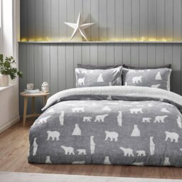 Rackhams Cosy Polar Bear Soft Sherpa Duvet Cover Set Grey - King - Grey - thumbnail 1