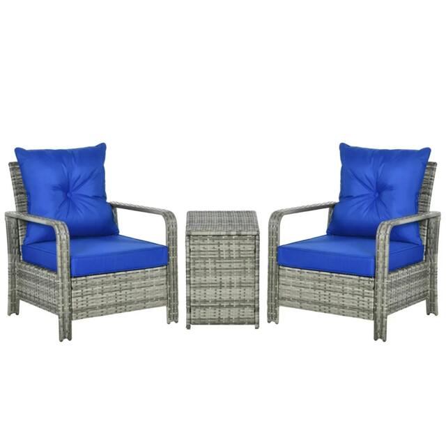 Rackhams 3 Pieces Rattan Bistro Set, Wicker Garden Furniture Set with Storage Coffee Table and Chairs, Thickened Cushions for Outdoor, Patio, Balcony, Blue - Blue - image 1