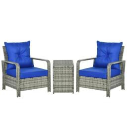 Rackhams 3 Pieces Rattan Bistro Set, Wicker Garden Furniture Set with Storage Coffee Table and Chairs, Thickened Cushions for Outdoor, Patio, Balcony, Blue - Blue - thumbnail 1