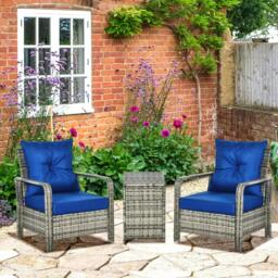 Rackhams 3 Pieces Rattan Bistro Set, Wicker Garden Furniture Set with Storage Coffee Table and Chairs, Thickened Cushions for Outdoor, Patio, Balcony, Blue - Blue - thumbnail 2