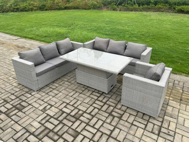 Rackhams Outdoor PE Rattan Garden Funiture Set Height Adjustable Rising Lifting Table Sofa Dining Set with Armchair - image 1