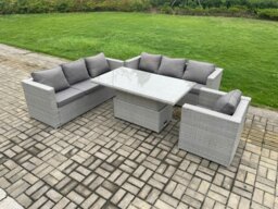 Rackhams Outdoor PE Rattan Garden Funiture Set Height Adjustable Rising Lifting Table Sofa Dining Set with Armchair - thumbnail 2
