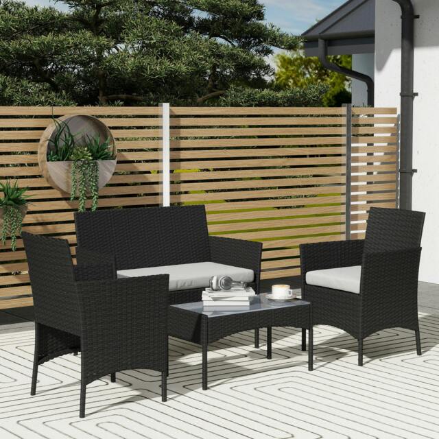 Rackhams 4 Piece Rattan Garden Furniture Sofa Set with Cushions, Black - Rattan Garden Furniture Set - Steel, PE Rattan - 102W x 58D x 82H cm - image 1