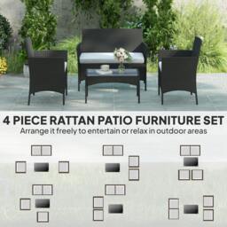 Rackhams 4 Piece Rattan Garden Furniture Sofa Set with Cushions, Black - Rattan Garden Furniture Set - Steel, PE Rattan - 102W x 58D x 82H cm - thumbnail 4