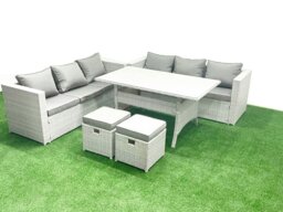 Rackhams Rattan Garden Furniture Set 8 Seater Outdoor Sofa Set with Dining Table 2 Small Footstools Light Grey Mixed - thumbnail 2