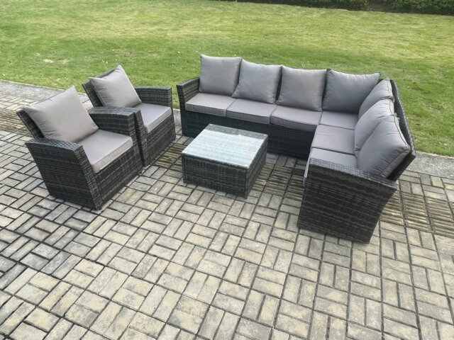 Rackhams Rattan Garden Furniture Set Outdoor Lounge Corner Sofa Set With Square Coffee Table 2 Chairs 8 Seater Dark Grey Mixed - image 1