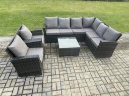 Rackhams Rattan Garden Furniture Set Outdoor Lounge Corner Sofa Set With Square Coffee Table 2 Chairs 8 Seater Dark Grey Mixed - thumbnail 2