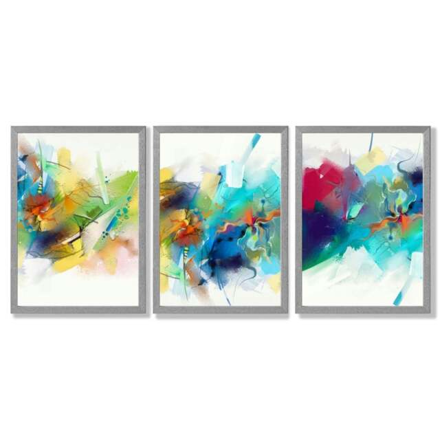 Rackhams Set of 3 Abstract Multicolour Blue Pink Framed Wall Art Prints - 59x84cm (A1) - Light Grey - image 1
