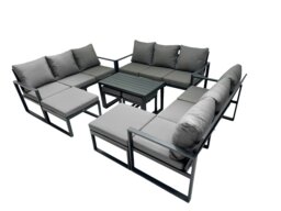 Rackhams Outdoor Garden Furniture Set Aluminium Lounge 3 Seat Sofa Oblong Coffee Table Sets with 4 Stools Dark Grey - thumbnail 2