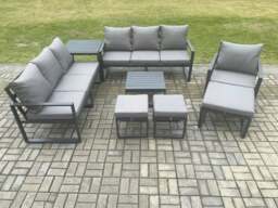 Rackhams Aluminium Outdoor Lounge Sofa Set Garden Furniture Sets with Square Coffee Table Chair 3 Footstools Side Table Dark Grey - thumbnail 1