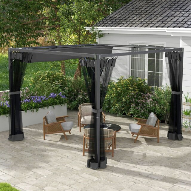 Rackhams 3 x 4m Pergola with Retractable Roof and Netting, Dark Grey - Dark Grey - Aluminium, Metal, Polyester, Nylon - 297L x 297W x 225Hcm - image 1