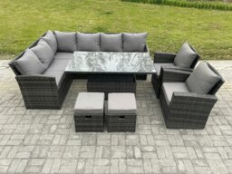 Rackhams Dark Grey Mixed PE Rattan Outdoor Dining Set - Height Adjustable Lifting Table, 2 Small Footstools & 2 Armchairs - thumbnail 2