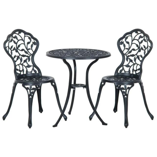 Rackhams 3 Pcs Aluminium Bistro Set Garden Furniture Dining Table Chairs Antique Outdoor Seat Patio Seater Black - image 1