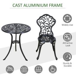 Rackhams 3 Pcs Aluminium Bistro Set Garden Furniture Dining Table Chairs Antique Outdoor Seat Patio Seater Black - thumbnail 5